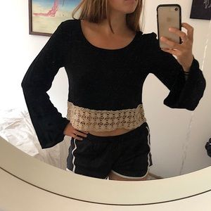 Black crop long, bell-sleeve w/ off-white crochet
